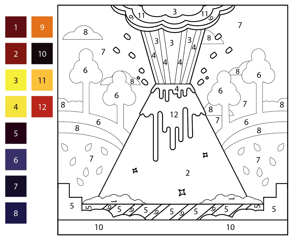 Volcano Color By Number Coloring Page Md Coloring Page — Free Printable — free printable coloring page